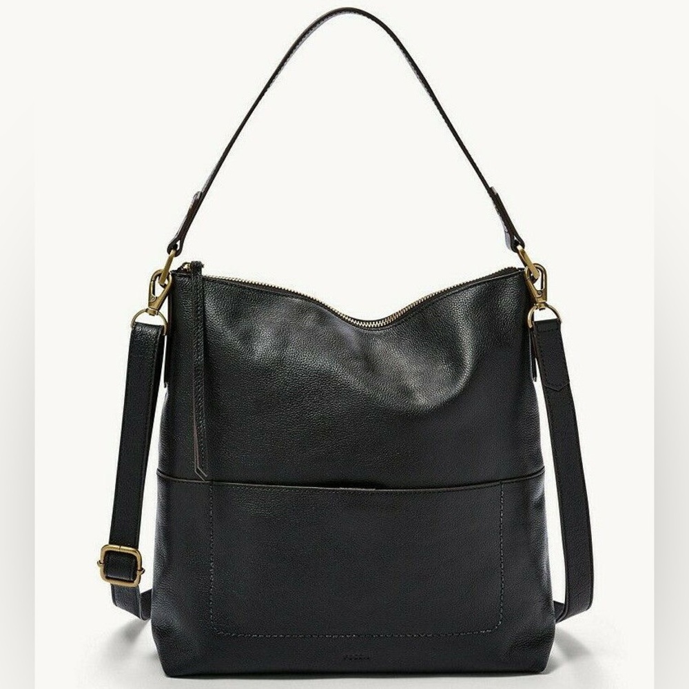 Fossil Amelia Hobo Crossbody Shoulder Bag in Black Leather